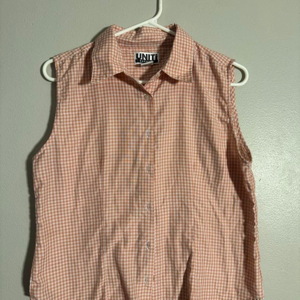 Uniti coral and white gingham sleeveless button-up shirt